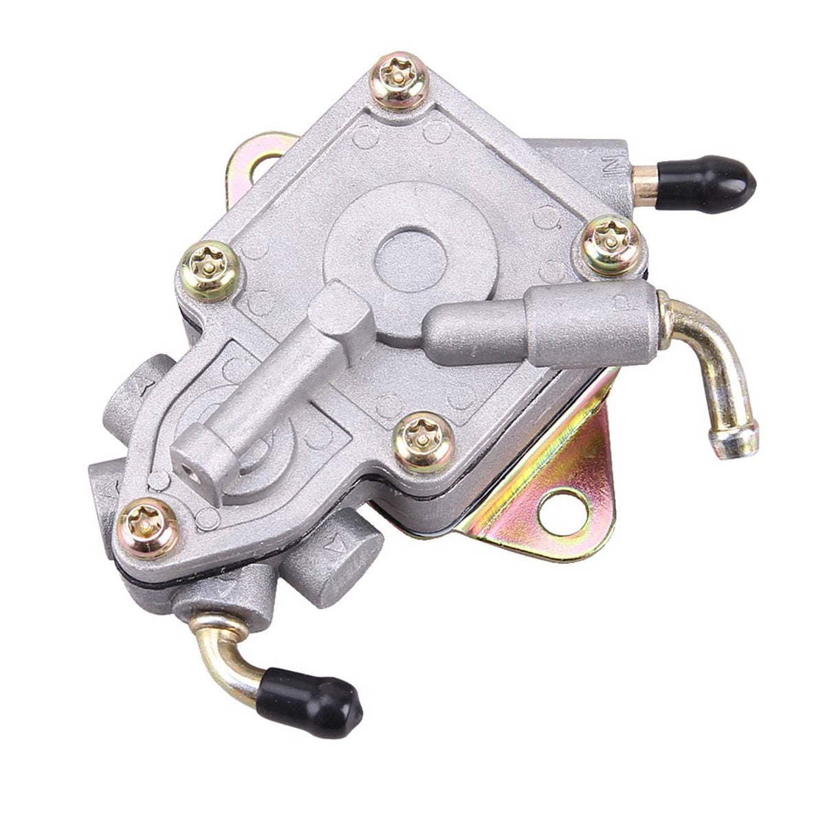 Fuel pump assembly rear angle with silver housing, rainbow plate, and black hose end