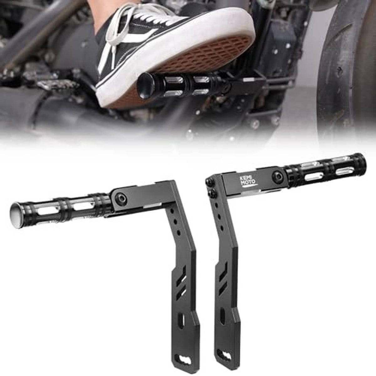 Pair of folding motorcycle highway foot pegs with adjustable height mount brackets
