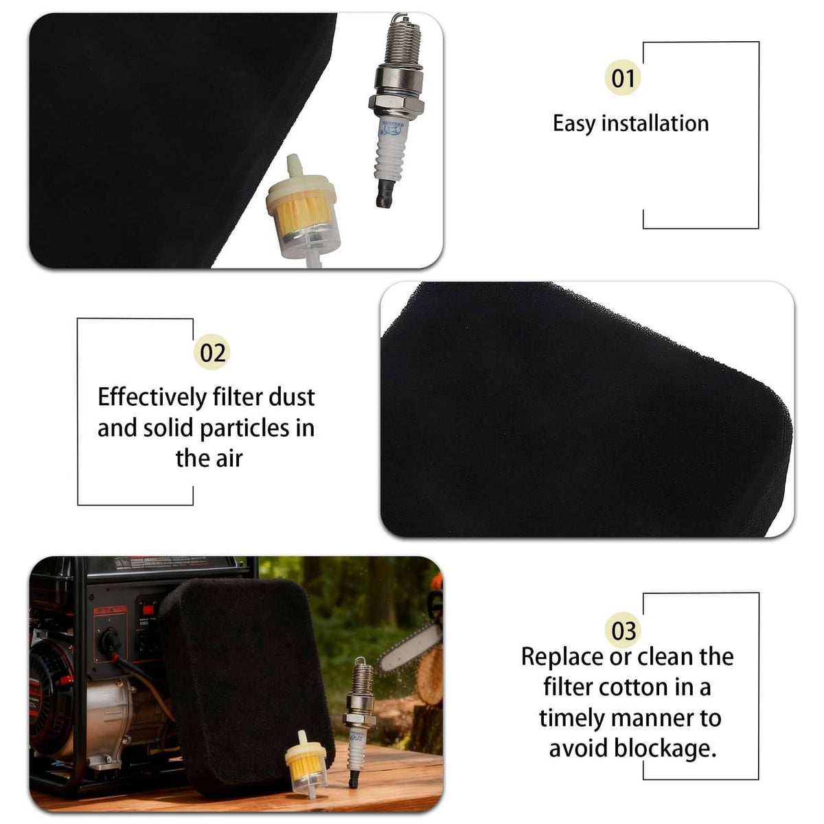 Foam air filter pad with spark plug and yellow cap, shown for easy installation