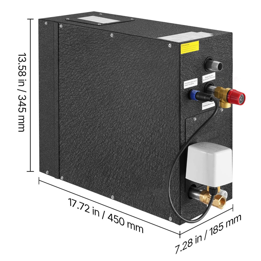 Steam generator controller with brass fittings, dark black housing, and white water valve