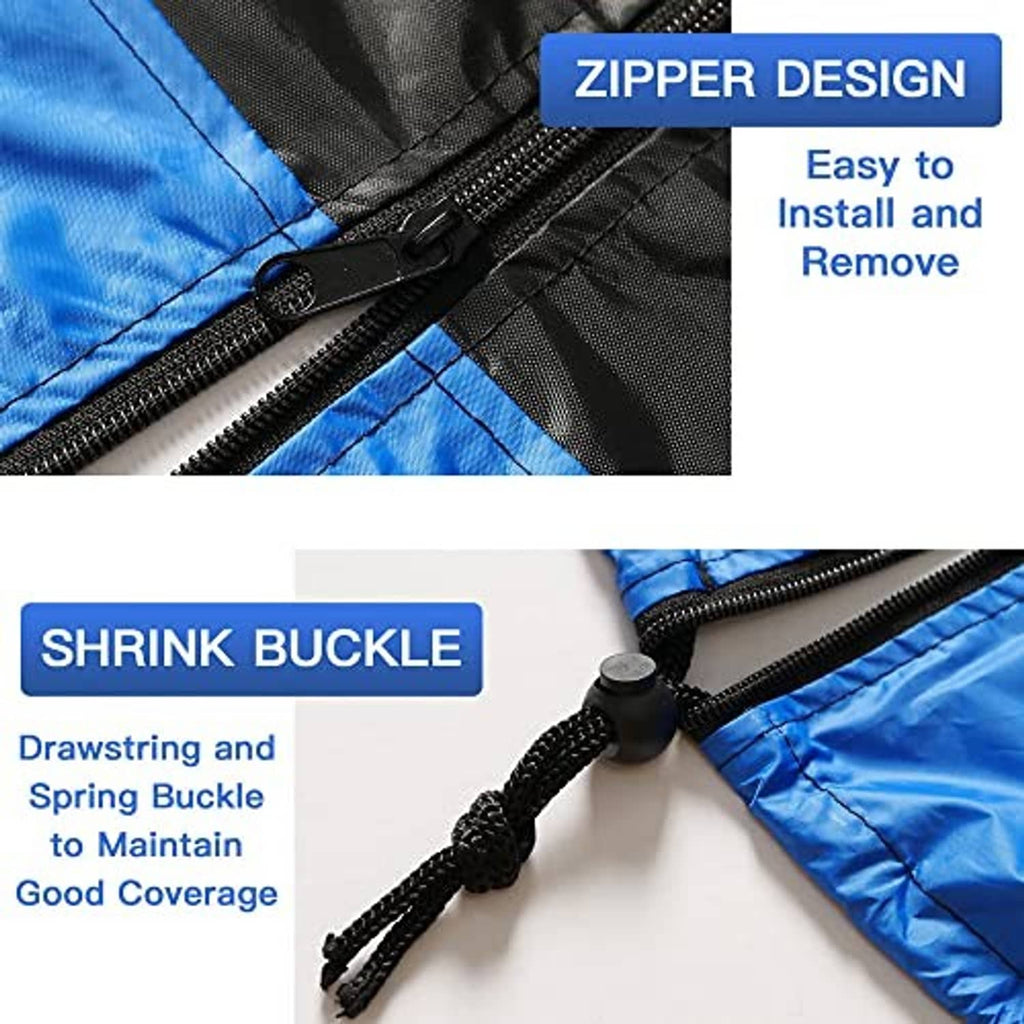 Black-and-blue tire cover detail: zipper design with shrink buckle drawstring