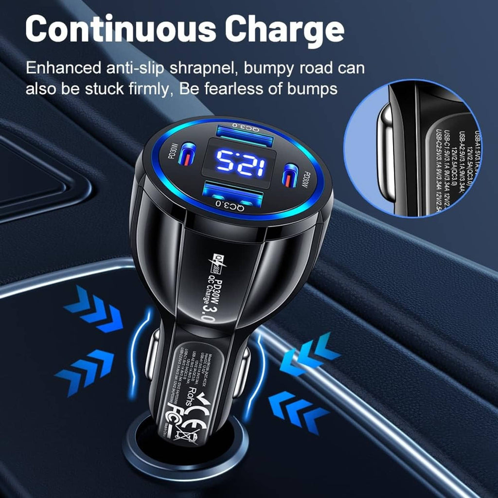 Black car phone charger with blue voltmeter display on round housing