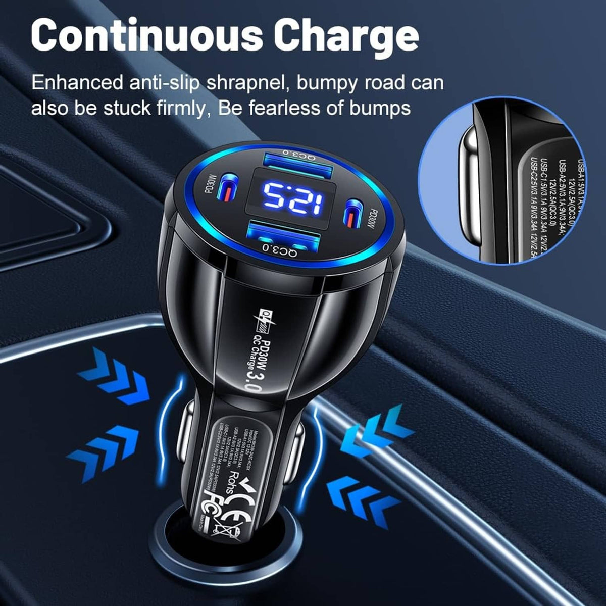Black car phone charger with blue voltmeter display on round housing
