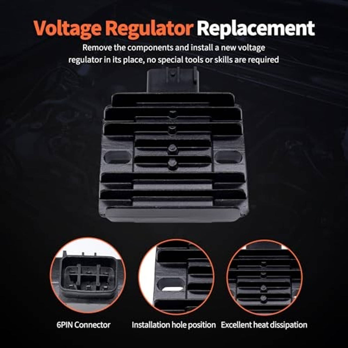 Black voltage regulator replacement with finned heatsink and 6-pin connector