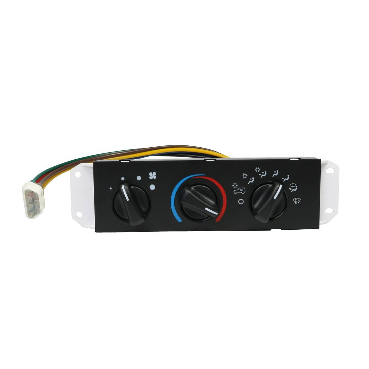 HVAC heater control panel switch with three rotary controls and wired electrical connectors