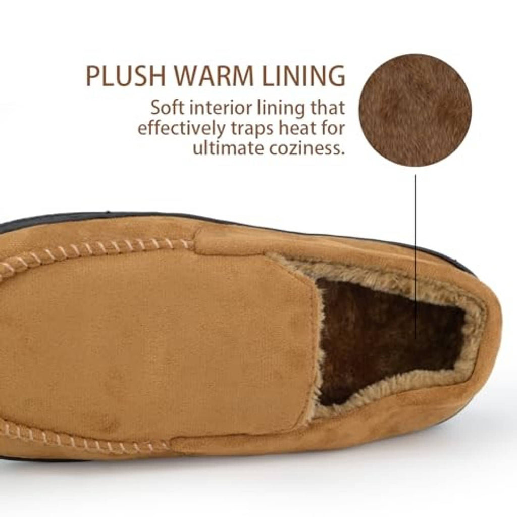 Brown moccasin slipper interior with plush warm lining and stitched edges