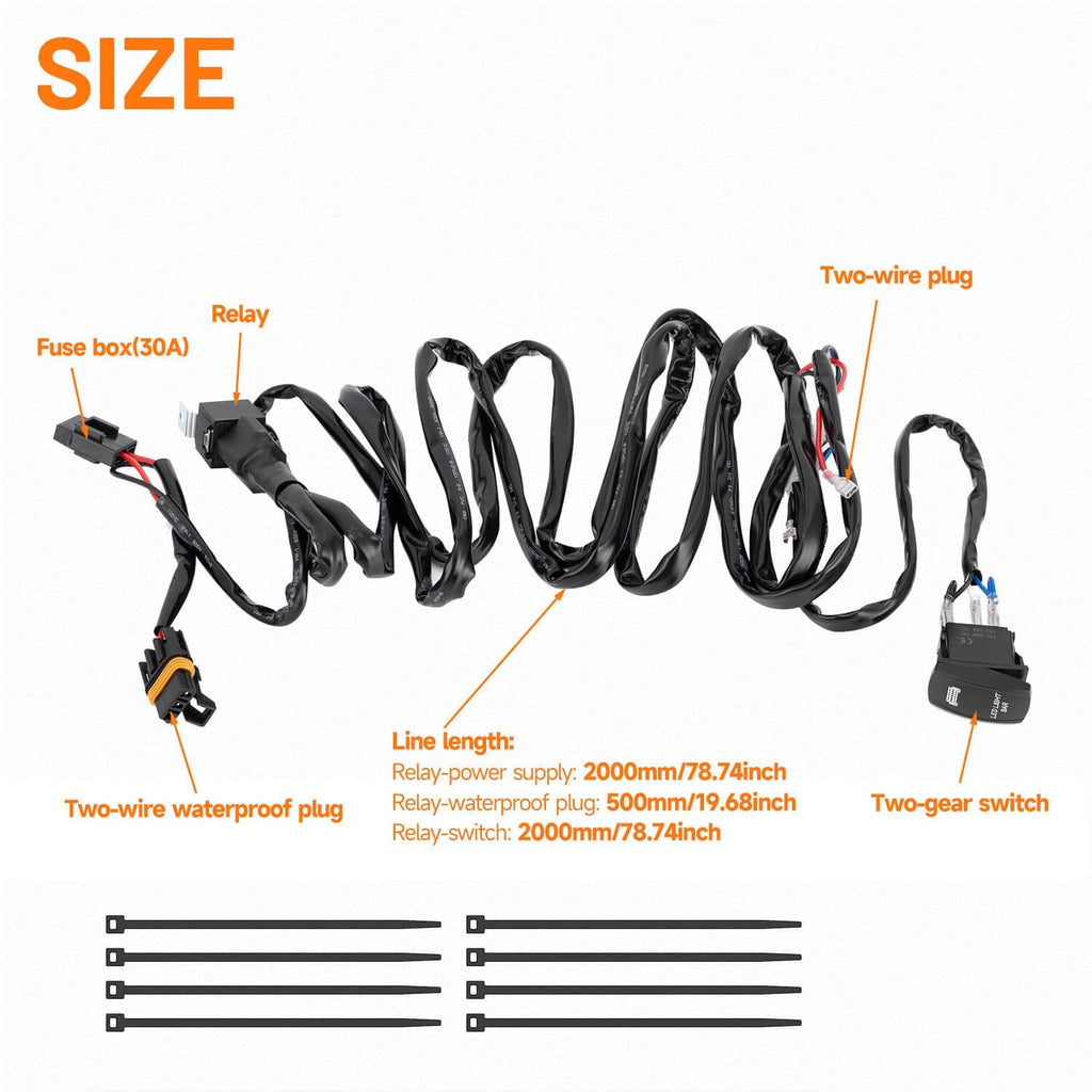 Black wiring harness set with relay, fuse holder, two-wire plug, and leads