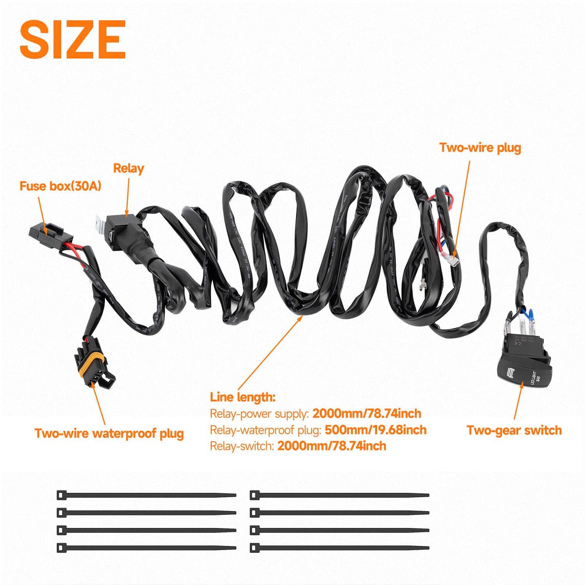 Black wiring harness set with relay, fuse holder, two-wire plug, and leads