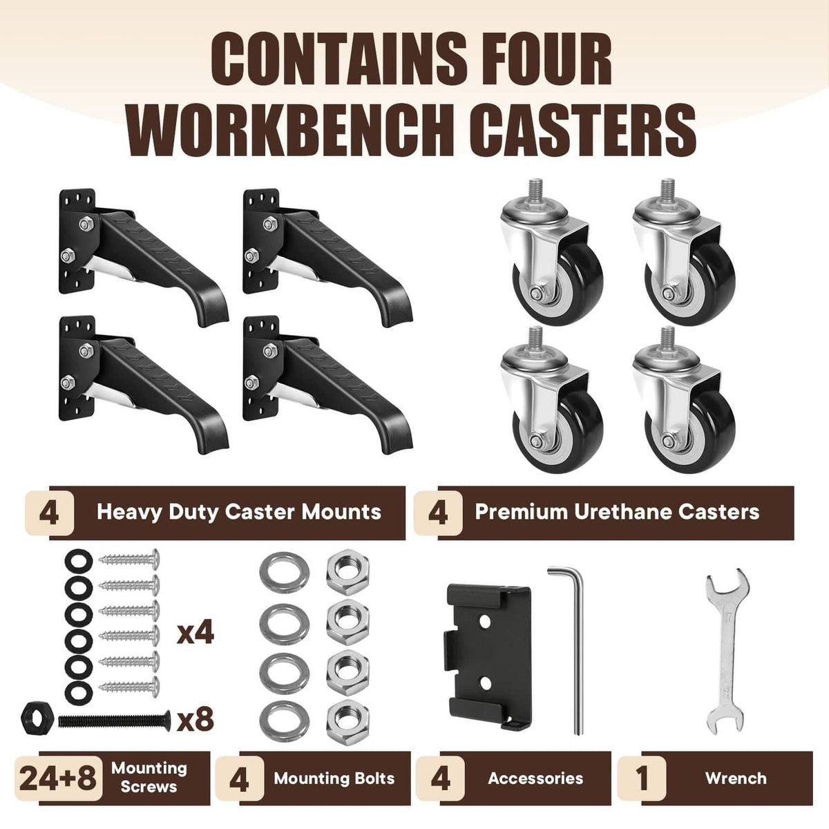 Four-workbench-caster kit with mounting plates, hardware, and urethane wheels, plus wrench.