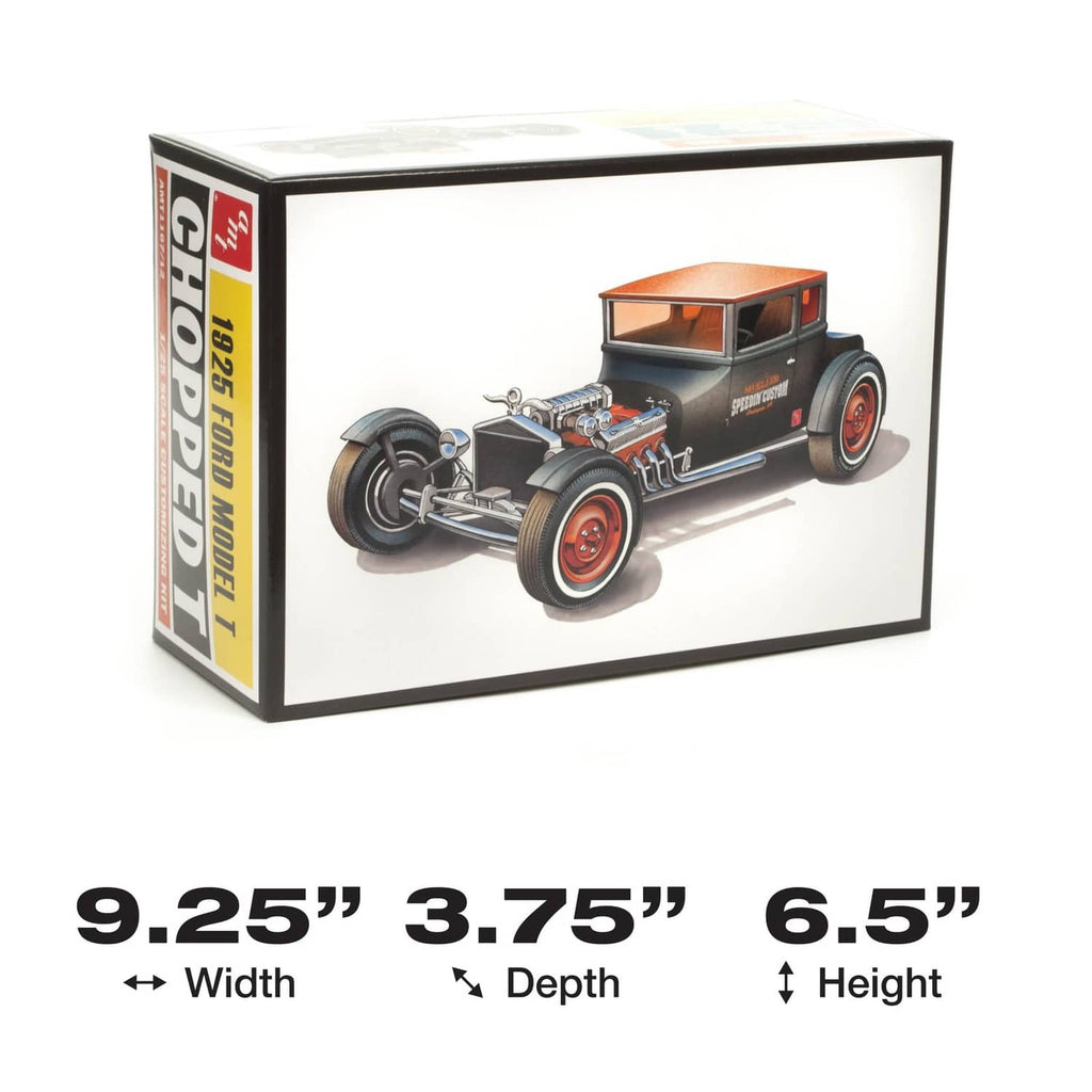 Chopped 1925 Ford T model kit box with mounted roadster image and red wheels