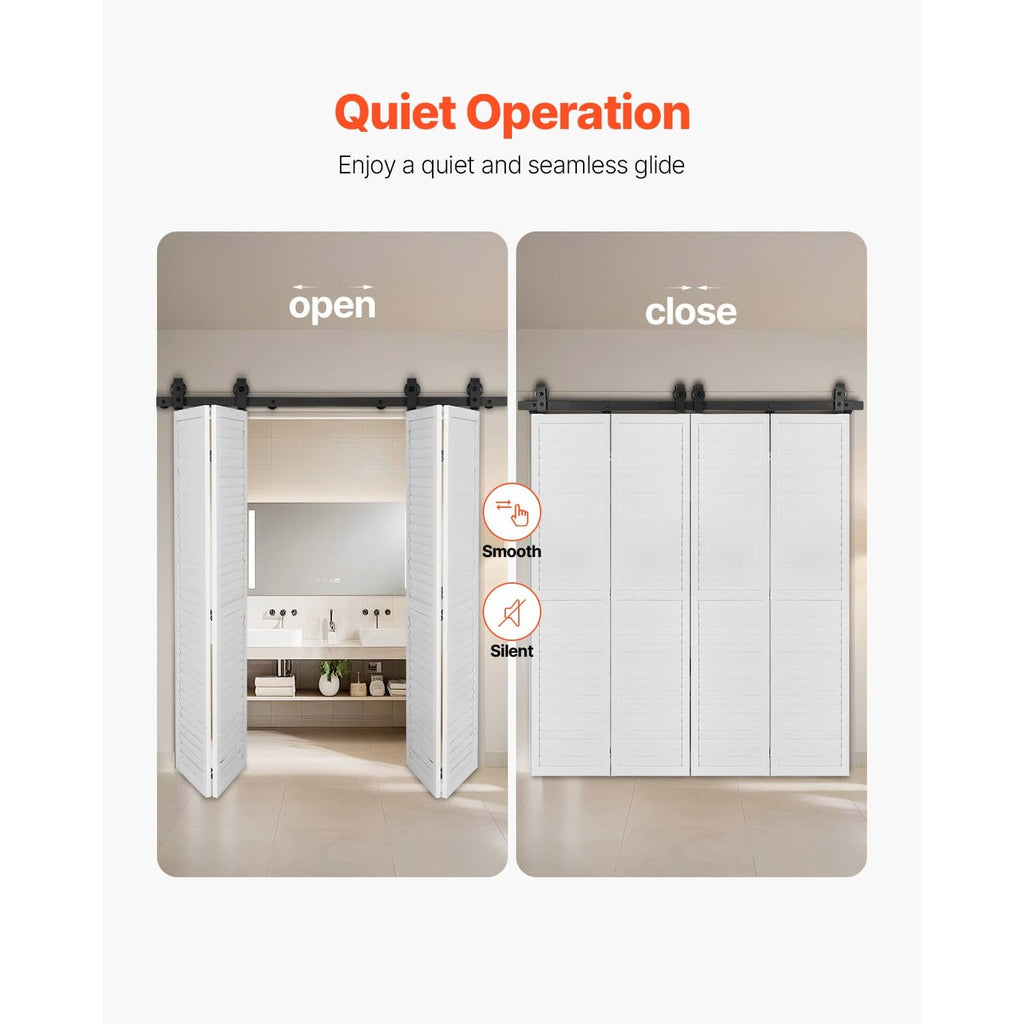 Bi-fold sliding barn door track with four white panels, rollers shown open and closed