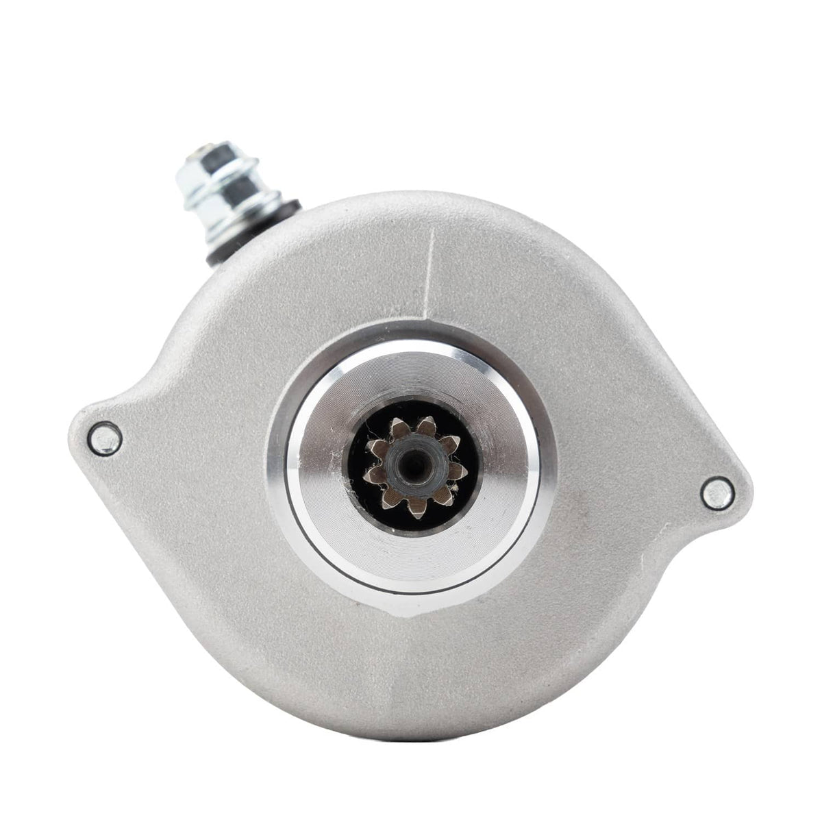 Starter motor assembly front view with circular housing and gear drive opening