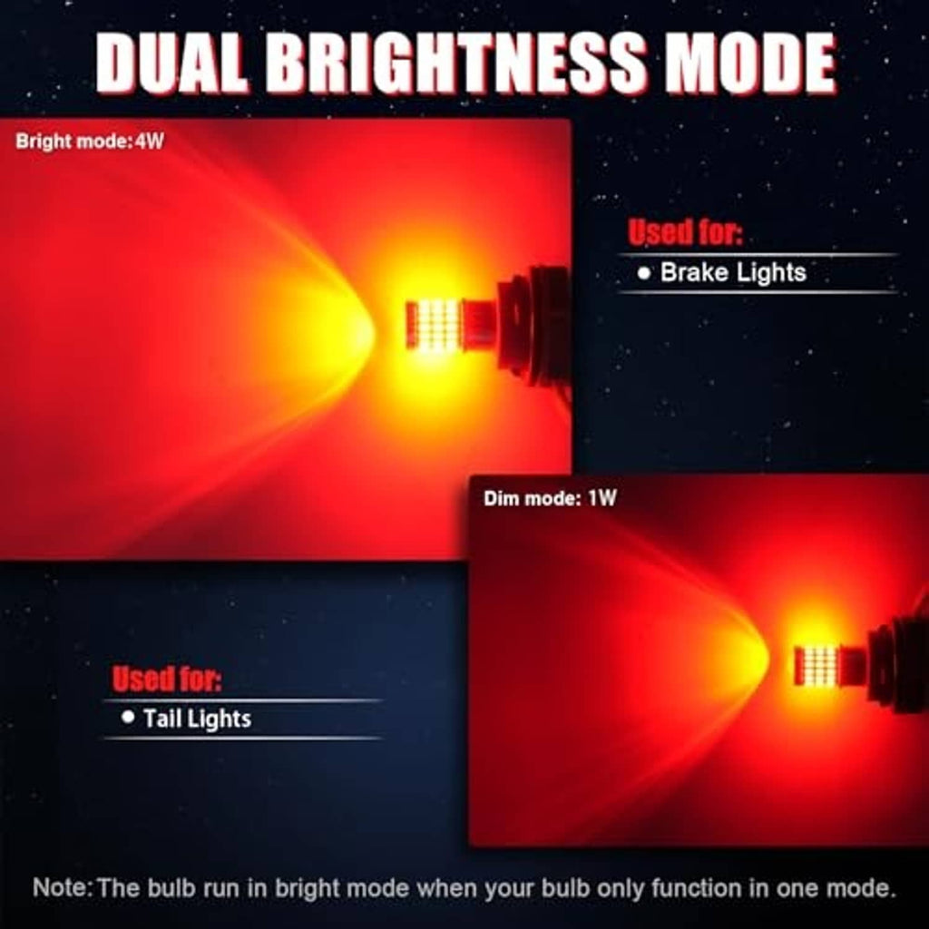 LED brake bulb showing bright red light beams in two intensity views