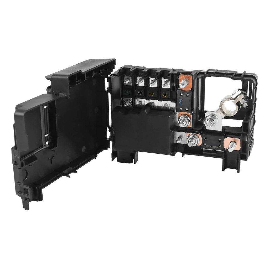 Fuse box junction relay module with open black cover and exposed fuse terminals