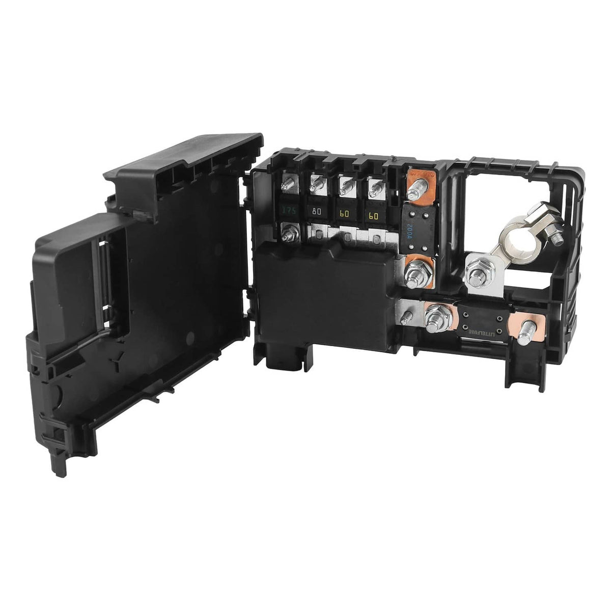 Fuse box junction relay module with open black cover and exposed fuse terminals
