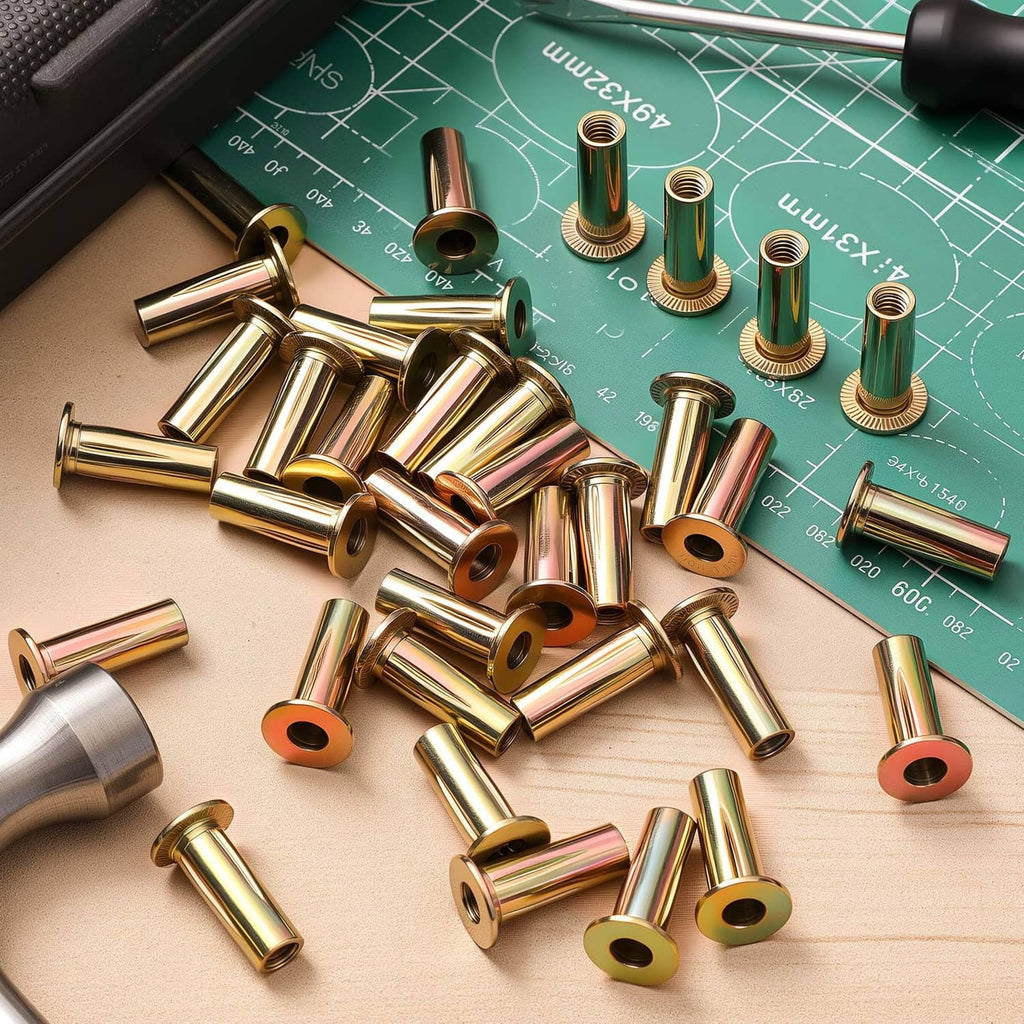 Gold rivet nut inserts scattered, flanged heads and threaded holes