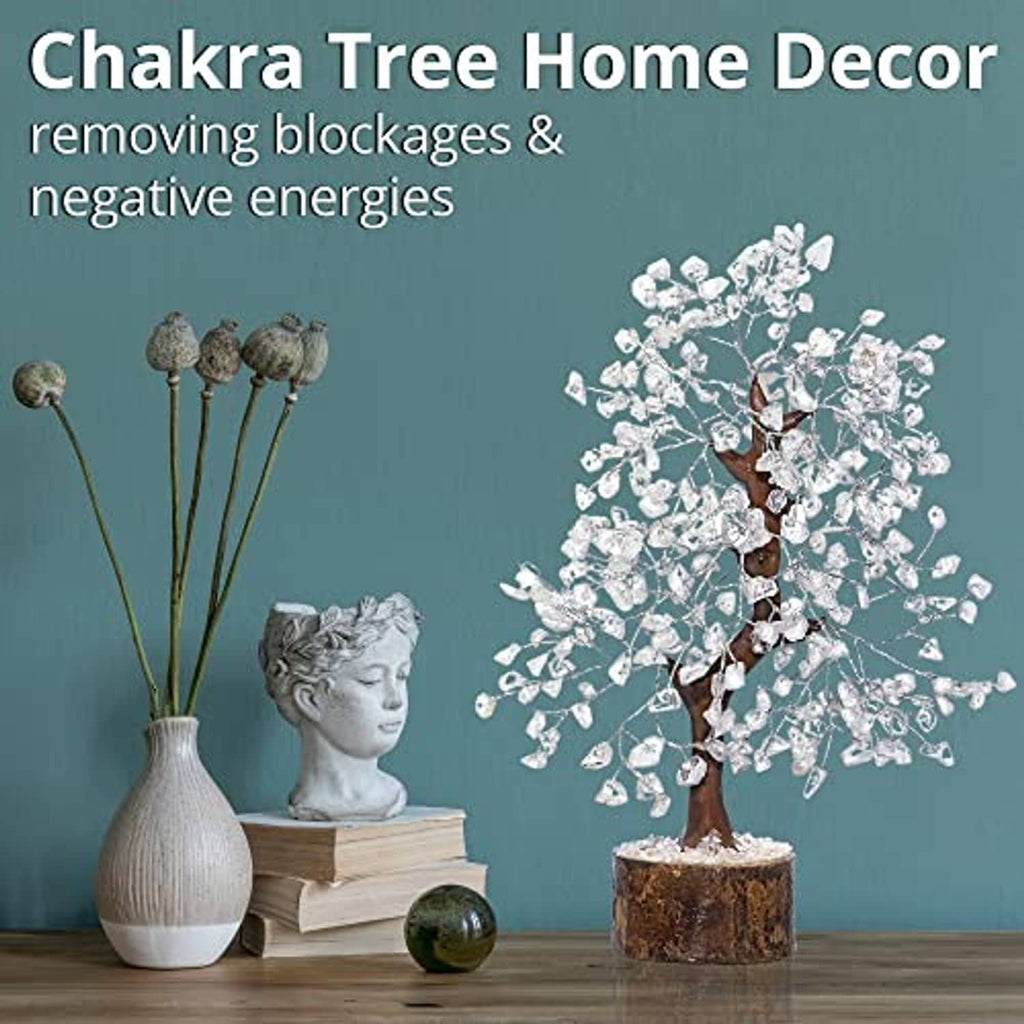 Clear quartz crystal tree home decor with branching crystal canopy and wooden base