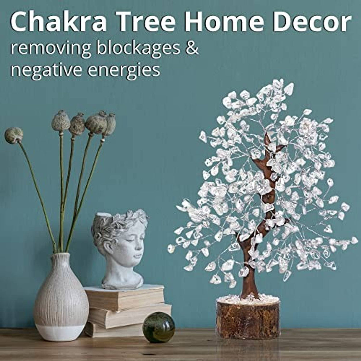 Clear quartz crystal tree home decor with branching crystal canopy and wooden base