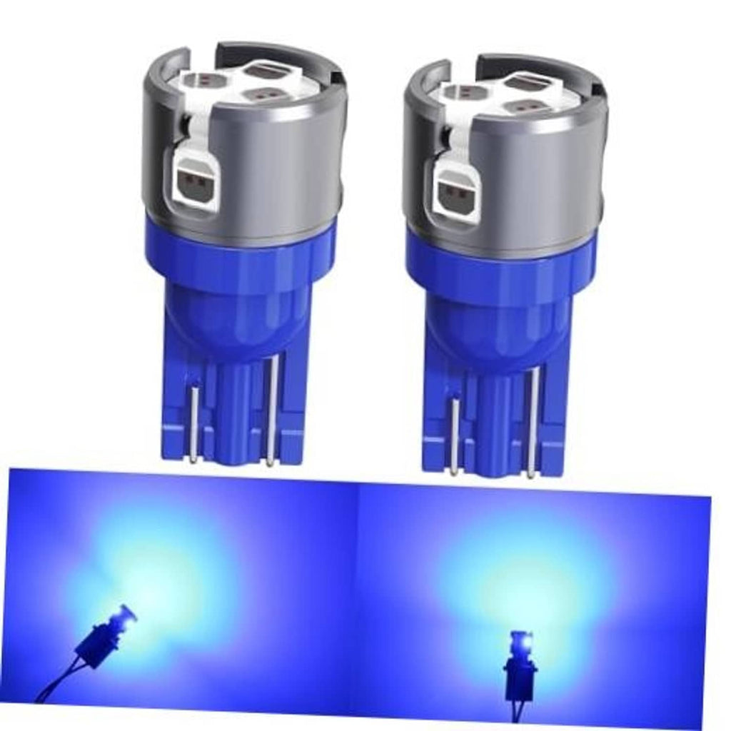 Pair of blue T10 W5W LED bulbs with metal housing and 6-SMD LED chips