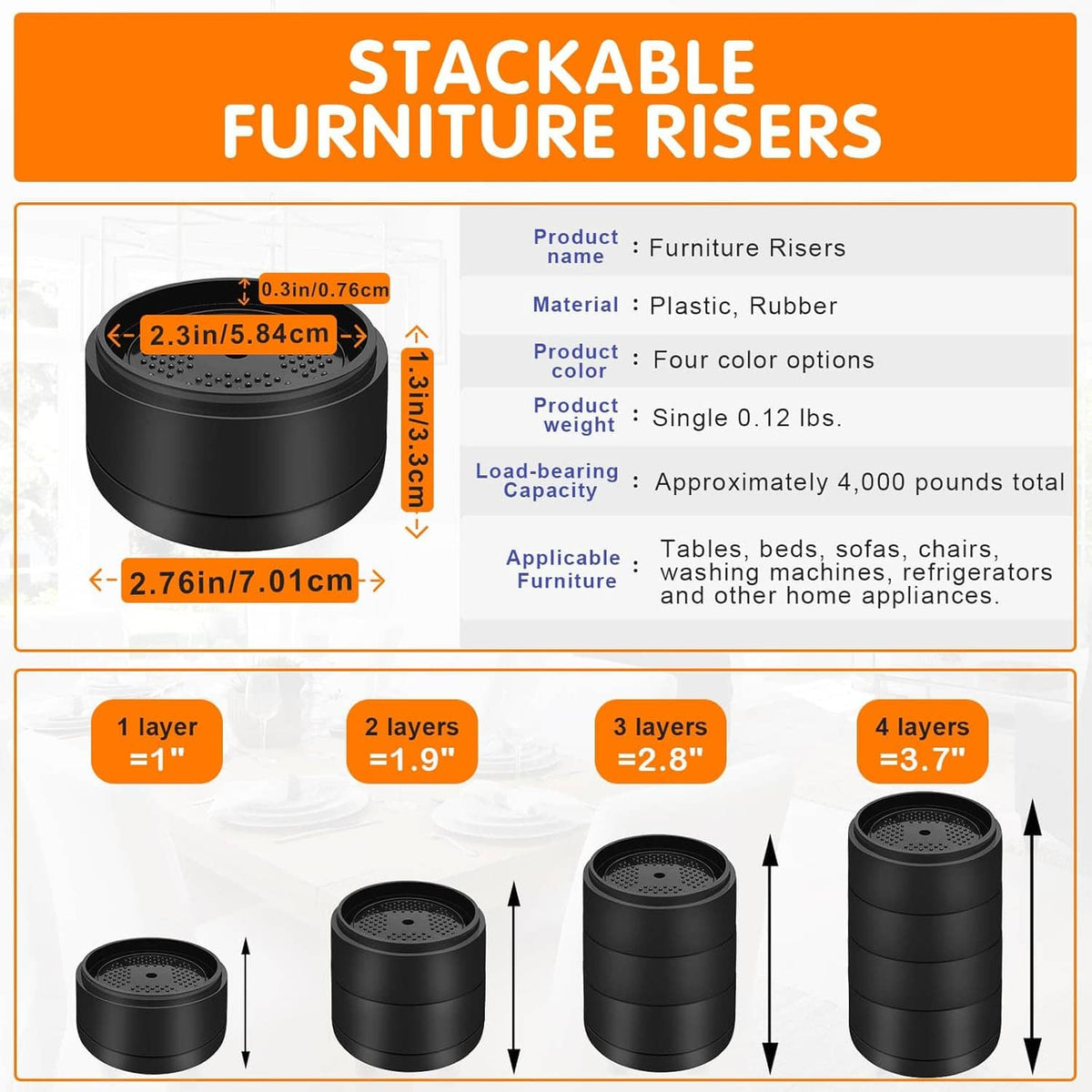 Stackable round furniture risers product diagram showing plastic rubber build and heights