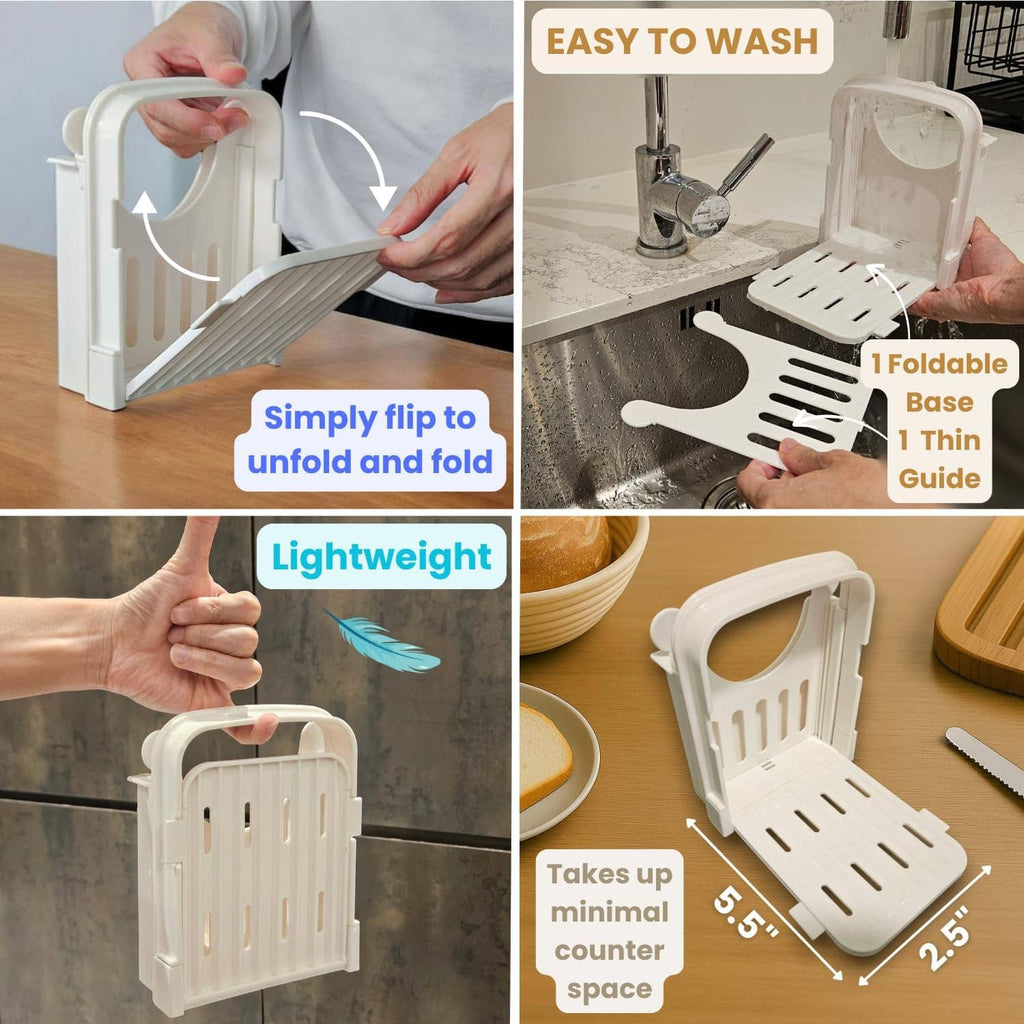White foldable bread slicer guide open on a countertop with base rails