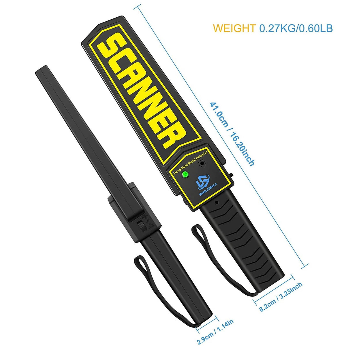 Black handheld metal detector wand with yellow SCANNER panel and attached charging cord