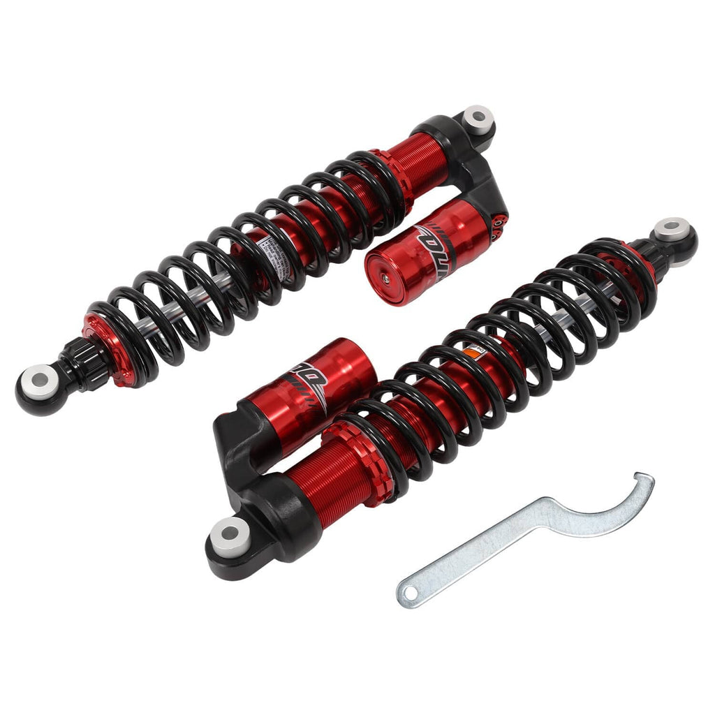 Red and black coil shock absorbers set with mounting brackets and wrench
