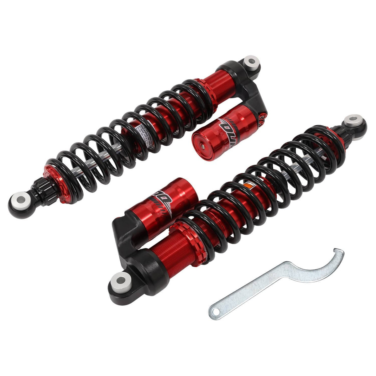 Red and black coil shock absorbers set with mounting brackets and wrench