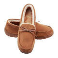 Brown men's moccasin slippers with plush sherpa lining and lace tie