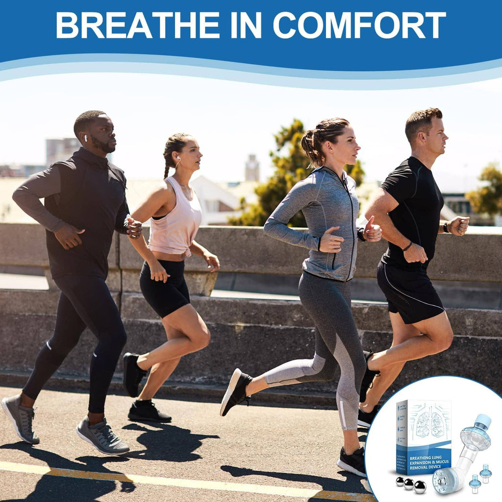 Breathing exercise device being used outdoors; runner holds blue mouthpiece