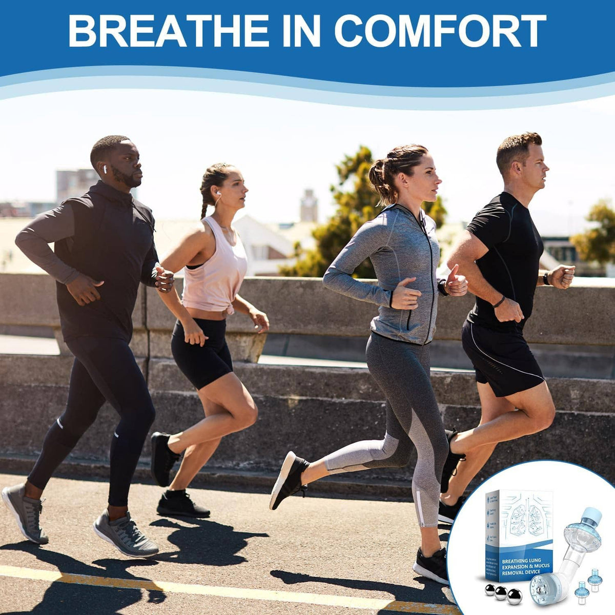 Breathing exercise device being used outdoors; runner holds blue mouthpiece