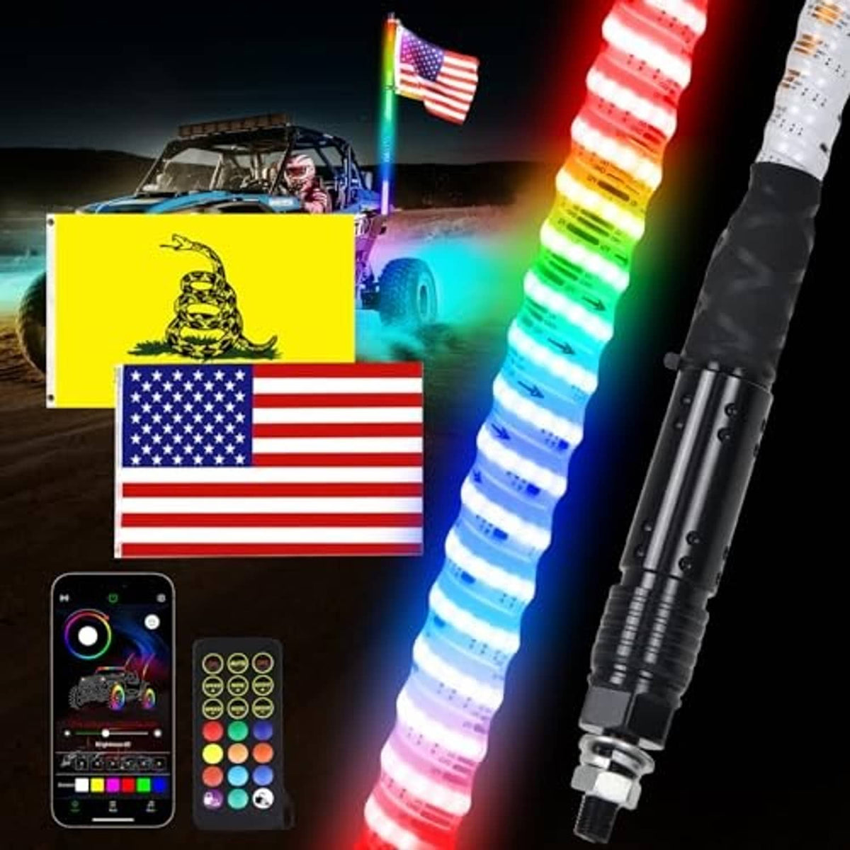RGB COB LED whip light set with black base and multicolor illuminated segments