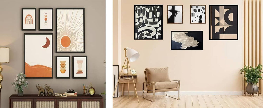 Living room gallery wall with multiple black picture frames holding small prints.