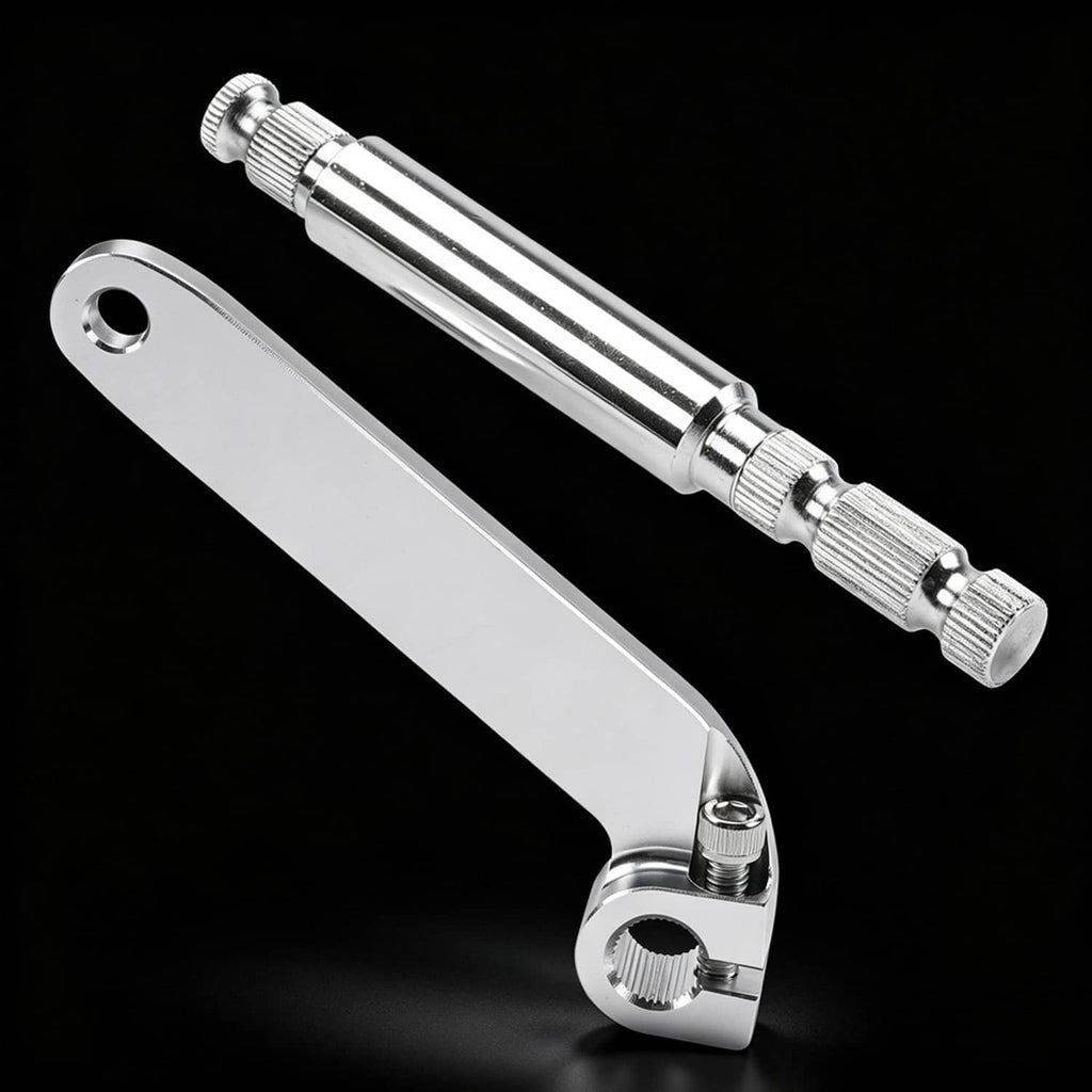 Metal shift arm lever and rod with knurled ends and threaded adjusters
