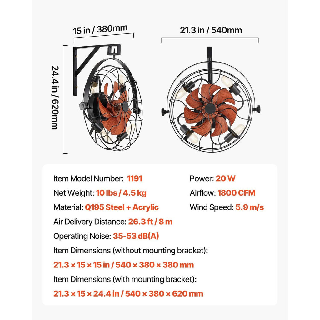 Wall-mounted fan with orange wood-look blades and black cage, size and power diagram