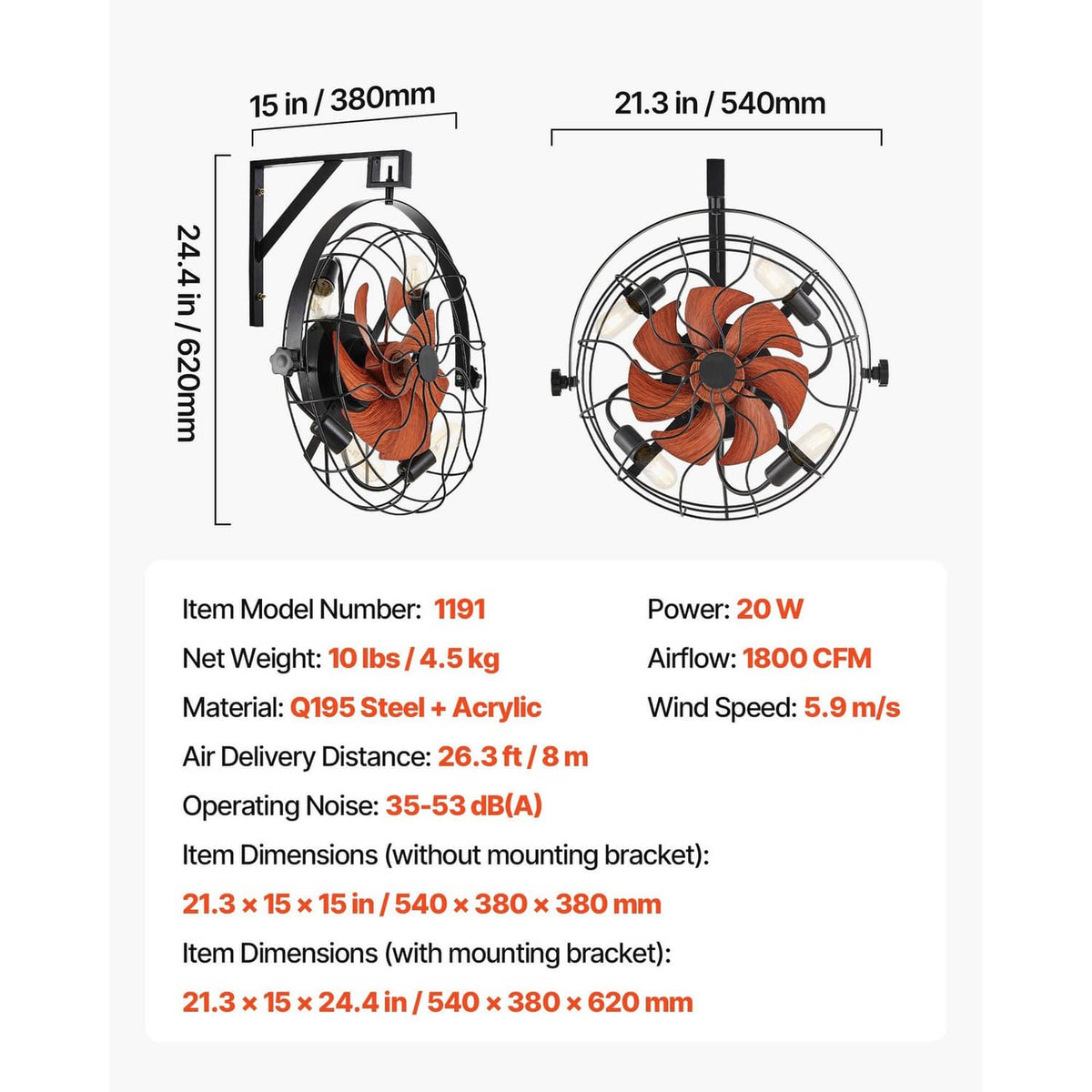 Wall-mounted fan with orange wood-look blades and black cage, size and power diagram