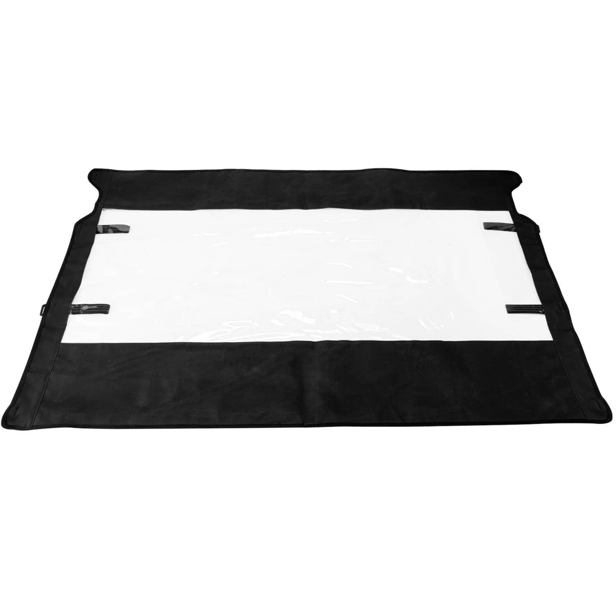 UTV rear window shield laid flat: black fabric border with clear window panel.