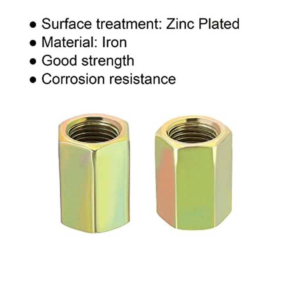 Two M10 fine-thread hex coupling nuts, gold zinc-plated steel with threaded openings