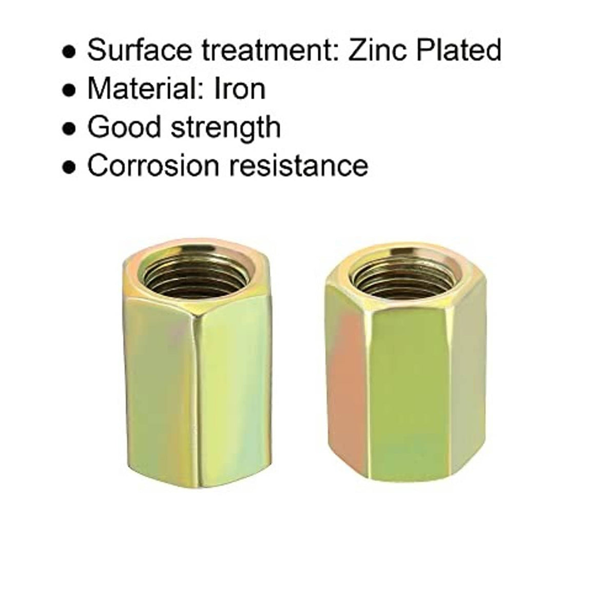 Two M10 fine-thread hex coupling nuts, gold zinc-plated steel with threaded openings