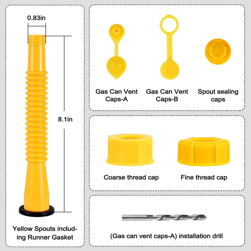 Yellow spout and vent caps set with runner gasket and installation drill bit