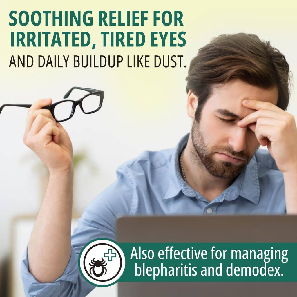 Man rubbing one eye with hand raised, suggesting eyelid care