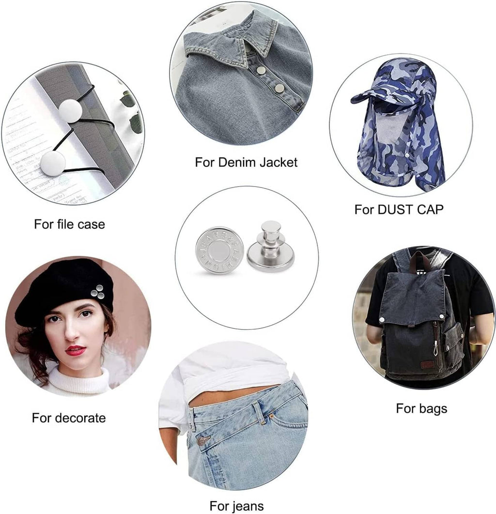 Metal snap button parts with pins, shown for jeans, denim jackets, bags, and hats