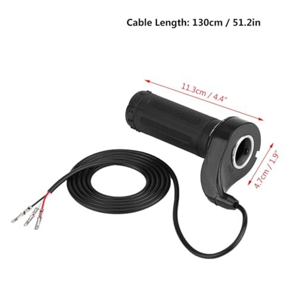 Electric scooter throttle with black grip and coiled cable, length and size diagram