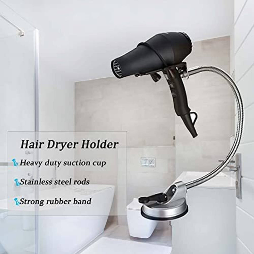 Hair dryer holder with black dryer mounted on silver suction cup base and metal tube