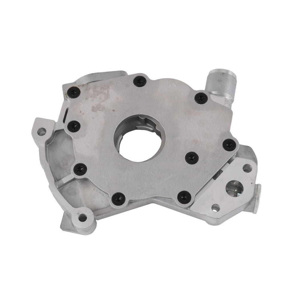 Oil pump cover plate with centered bore and multiple mounting screw holes, silver
