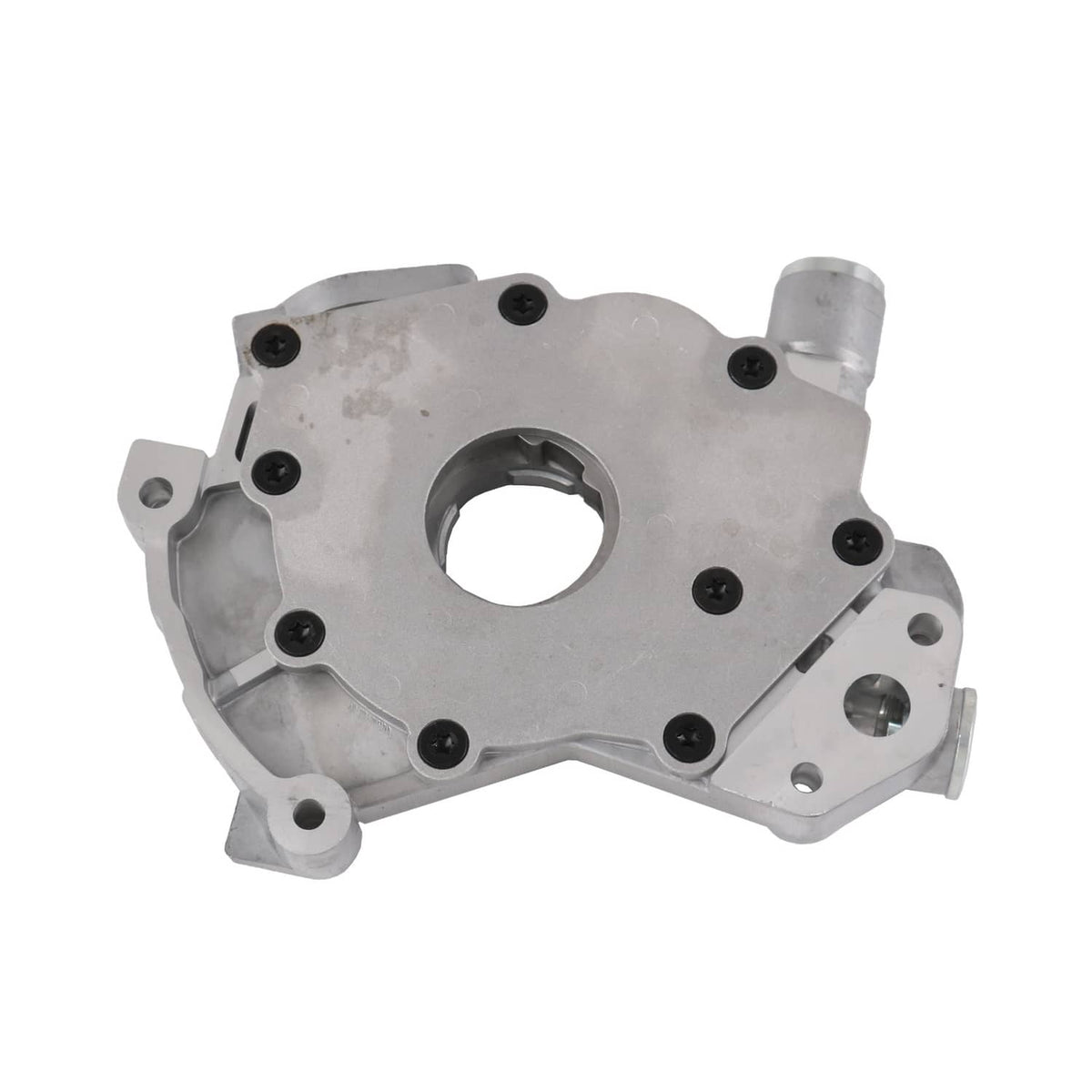 Oil pump cover plate with centered bore and multiple mounting screw holes, silver