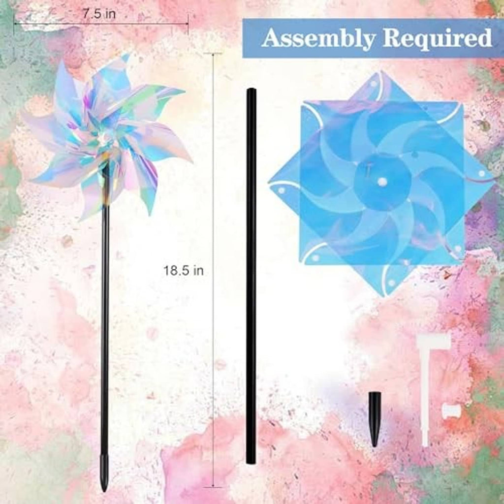 Reflective rainbow pinwheel wind spinner parts: pinwheel, connector, stakes