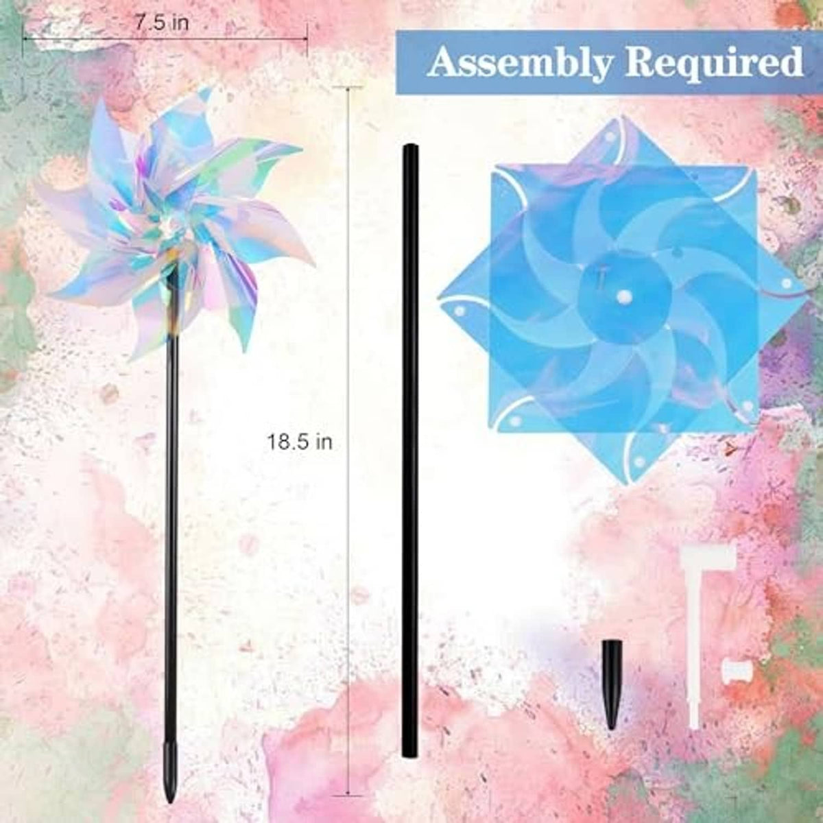 Reflective rainbow pinwheel wind spinner parts: pinwheel, connector, stakes