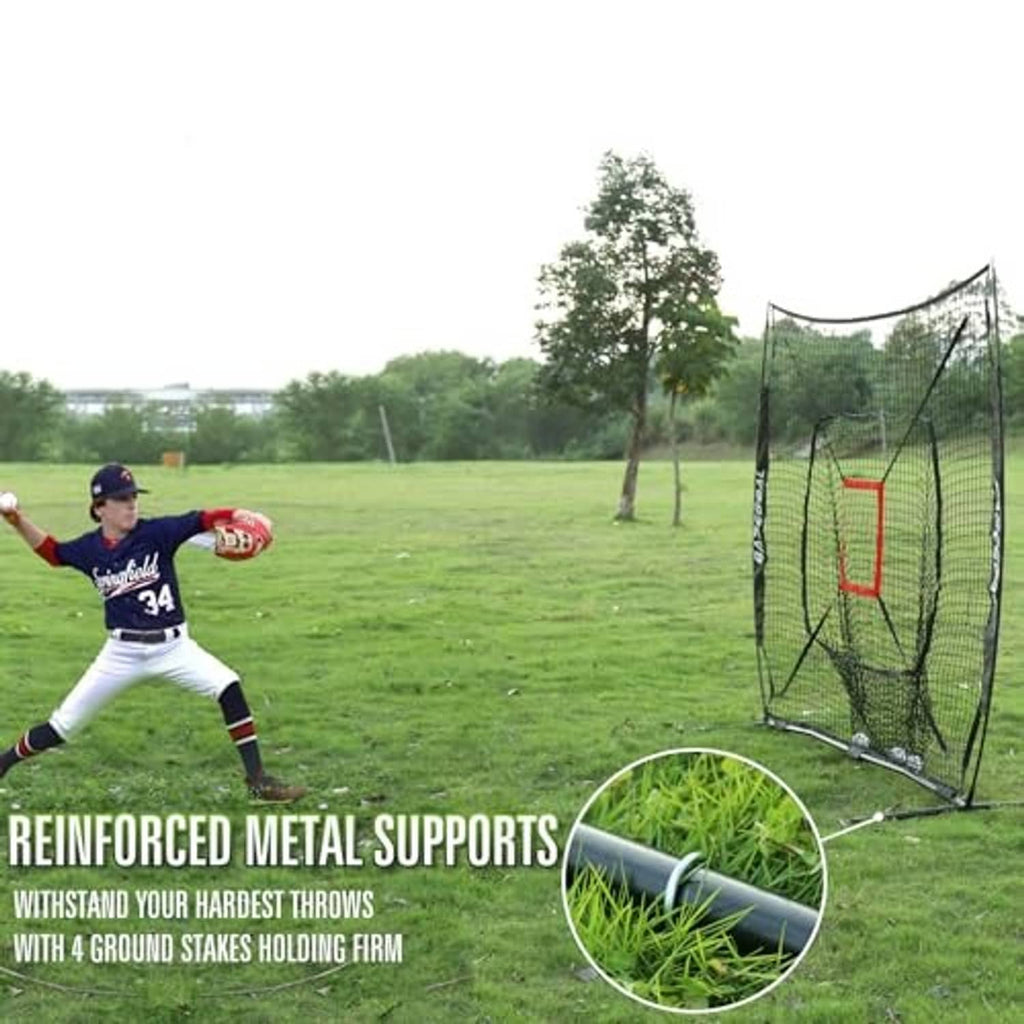 Baseball practice net with green mesh and red target box, reinforced metal supports and stakes