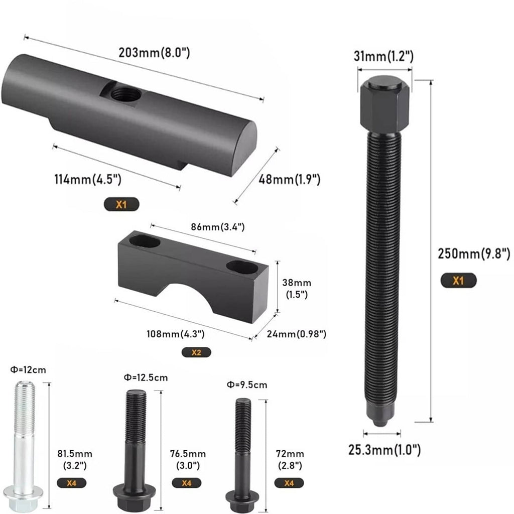 Black yoke puller tool with threaded forcing screw and measurement lines